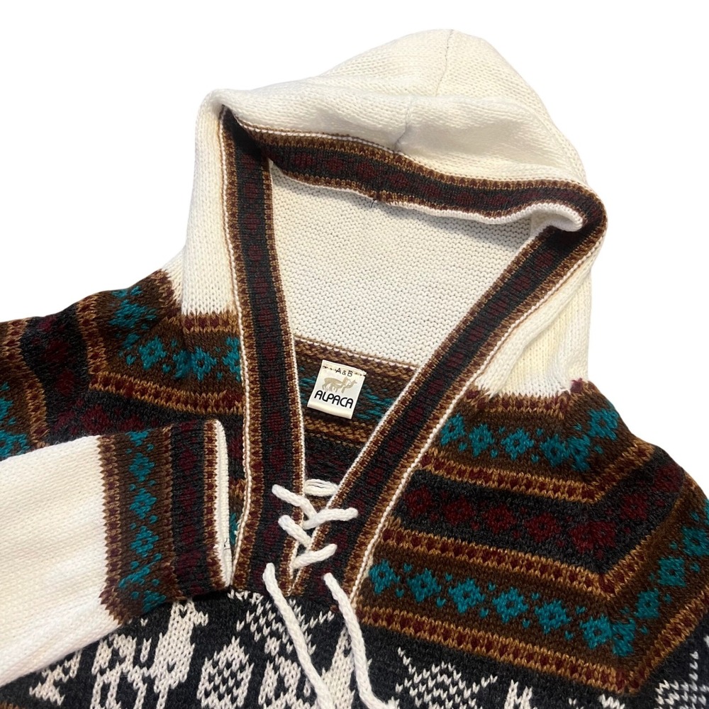A&B Women's M? Alpaca Knit Hoodie White Llama Fair Isle Lace Up Sweater Peru